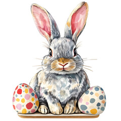 Adorable Easter Bunny with Soft Fur and Colorful Festive Eggs in a White Background