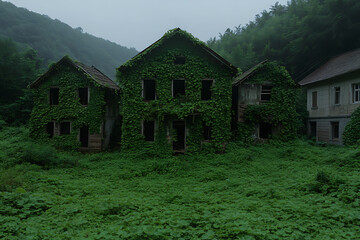 Fototapeta premium Overgrown Abandonment: Houses engulfed in vibrant greenery, reclaiming forgotten spaces with the power of nature and the quiet beauty of decay.