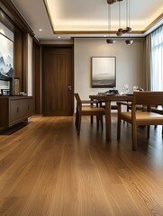 Fototapeta premium there is a dining room with a wooden table and chairs