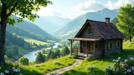 Obraz premium Serene Wooden Cabin Retreat Nestled on a Hillside Overlooking a Verdant Valley and Winding River