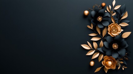 A beautifully arranged composition featuring black and gold floral elements, elegantly contrasting with a dark background, perfect for sophisticated and artistic applications.