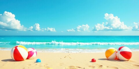Obraz premium Beach balls on a sandy shore with a vibrant ocean and fluffy clouds in the sky