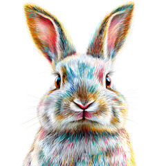 Adorable Easter Bunny with Soft Fur and Colorful Festive Eggs in a White Background