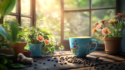 there is a cup of coffee on a table next to some plants