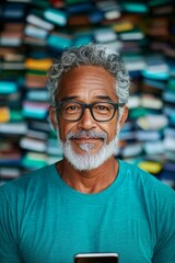 Fototapeta premium black mature man in blue T-shirt with smartphone in hands, abstract background