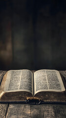 Fototapeta premium An open Bible on an old wooden table 