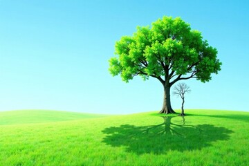 A Lush Green Meadow with a Large, Vibrant Tree and a Smaller, Withered Tree Casting Long Shadows on the Grass Under a Clear Blue Sky