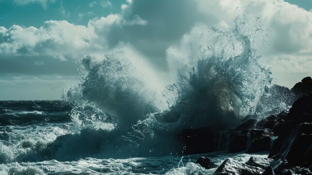 Powerful waves crashing against rocky shore in dramatic scene