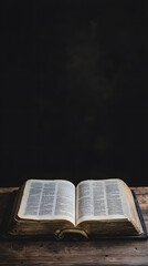 An open Bible on an old wooden table

