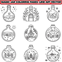 Magic Jar coloring pages, Simple, Easy, and Large Print Designs for Adults and Kids. Bold and easy coloring page, line art vector illustration. 