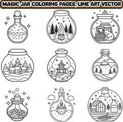Magic Jar coloring pages, Simple, Easy, and Large Print Designs for Adults and Kids. Bold and easy coloring page, line art vector illustration. 