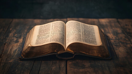 Obraz premium An open Bible on an old wooden table 