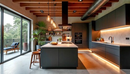 Obraz premium Modern Industrial Kitchen Interior with Wooden Flooring and Island