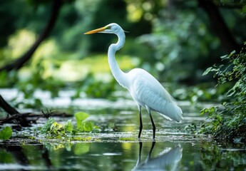 Obraz premium Majestic Great Egret Standing Gracefully in a Serene Wetland Surrounded by Lush Greenery and Reflections in Calm Waters