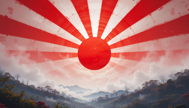 Waving Japan Flag. Nisshoki Flag Under the Sun. Symbol of the Land of the Rising Sun and Japanese Heritage.