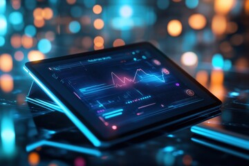 Digital tablet displaying vibrant data visualization with fluctuating graphs in a tech inspired setting. Generative AI