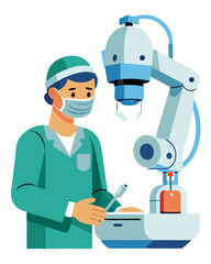 Naklejka premium A surgeon operating a robotic-assisted surgery machine, wearing a headset and gloves, isolated on white background. 