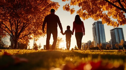 Golden Autumn Stroll: A silhouette of a family of three enjoys a leisurely walk in a sun-drenched park beneath trees in the autumn. capturing the warmth of the season.