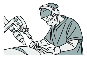 A surgeon operating a robotic-assisted surgery machine, wearing a headset and gloves, isolated on white background. 