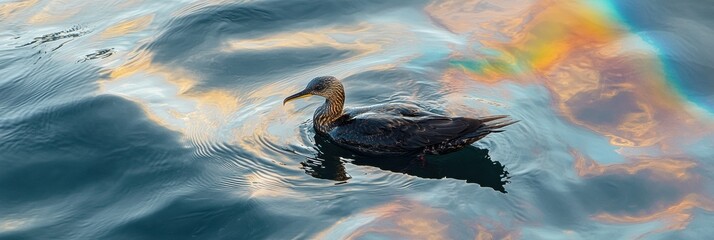Oil spill creates rainbow sheen on ocean while seabird struggles to survive in affected waters. Generative AI