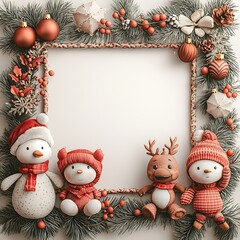 there are three snowmen sitting on a christmas frame with decorations