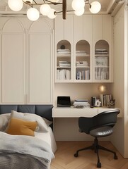 there is a bed with a desk and a chair in a room