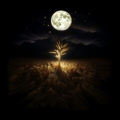 there is a full moon that is shining over a field