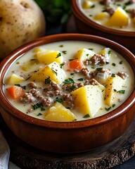 there are two bowls of soup with meat and potatoes in them