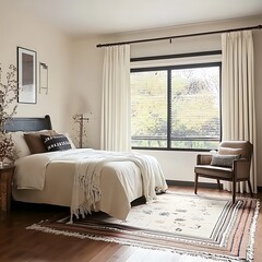 there is a bed with a white blanket and a chair in a room