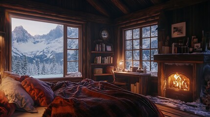 there is a bed in a room with a fireplace and a window