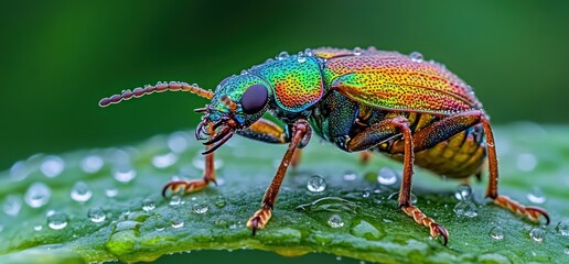 Fototapeta premium Jewel beetle on dew-covered leaf, macro shot