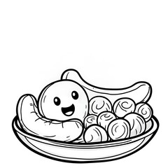 there is a drawing of a bowl of fruit with a teddy bear