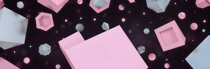 Abstract Geometric Composition: A dynamic and vibrant abstract composition of geometric shapes in pink, grey and white, floating against a black background.