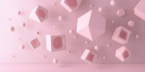 Abstract Geometric Forms: A collection of pastel-pink geometric shapes, including cubes, spheres, and polyhedrons, floats in a modern, minimalist composition, casting soft shadows.