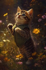 there is a cat that is standing in the grass with flowers