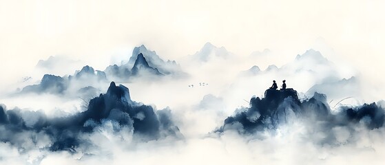 there are two people standing on top of a mountain in the clouds