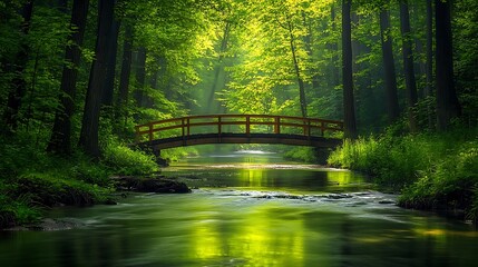 there is a bridge over a stream in a forest with trees