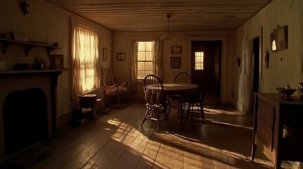 there is a dining room with a table and chairs in it