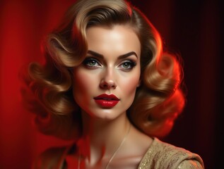 Fototapeta premium Blonde woman with red lipstick posing in hollywood glamour style portrait