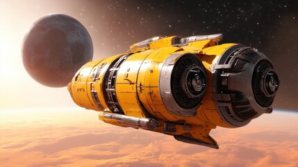 A robust transport vessel orbits a distant planet, encapsulating themes of adventure and space exploration in a stunning cosmic landscape filled with visual intrigue.