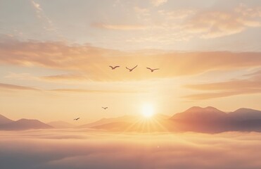 Serene Sunrise Over Mountains with Flying Birds and Misty Horizon Beneath Soft Golden Clouds and Vibrant Sky Reflecting Tranquility of Nature