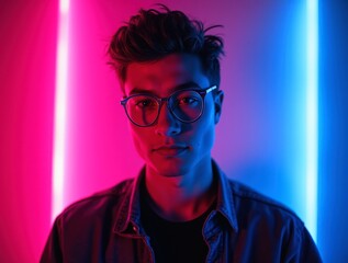 Obraz premium Young man immersed in neon glow with futuristic vibe