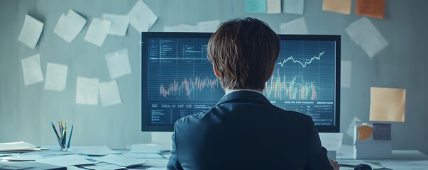 Businessman analyzing stock market data on a computer screen closely