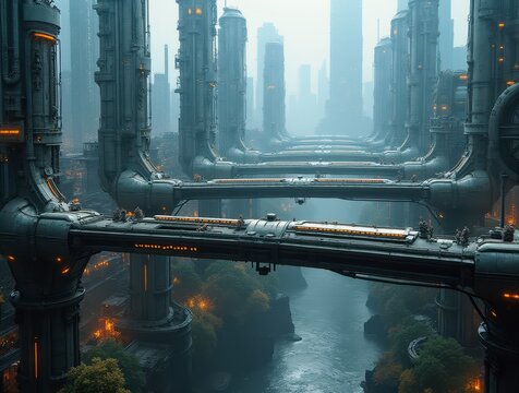 Futuristic city with elevated train tracks and energy pipelines