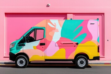 Colorful van against pink wall, delivering services, parked roadside. Possible use ads