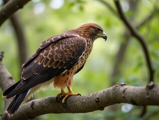 Hawk perched on a tree branch intensely focused on its prey