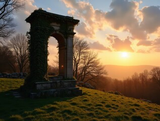 Fototapeta premium Ivy Covered Archway Stands on Hilltop at Sunset