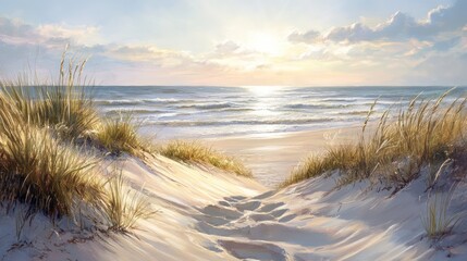 A scenic beach pathway leads toward the glowing ocean horizon beautifully