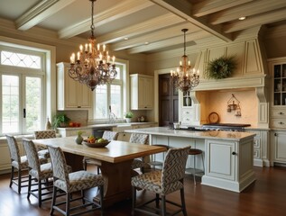 Luxurious french country kitchen featuring ornate cabinetry, large marble island and elegant chandeliers