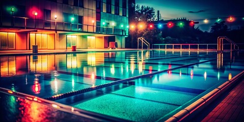 Vintage Night Swimming Pool Colorful Reflections, Retro Aquatic Scene